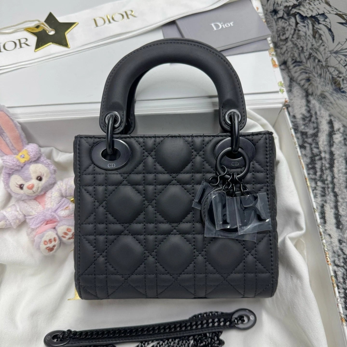 Dior Black Matte Leather 3-Grid Lady Dior Top Handle Bag For Women
