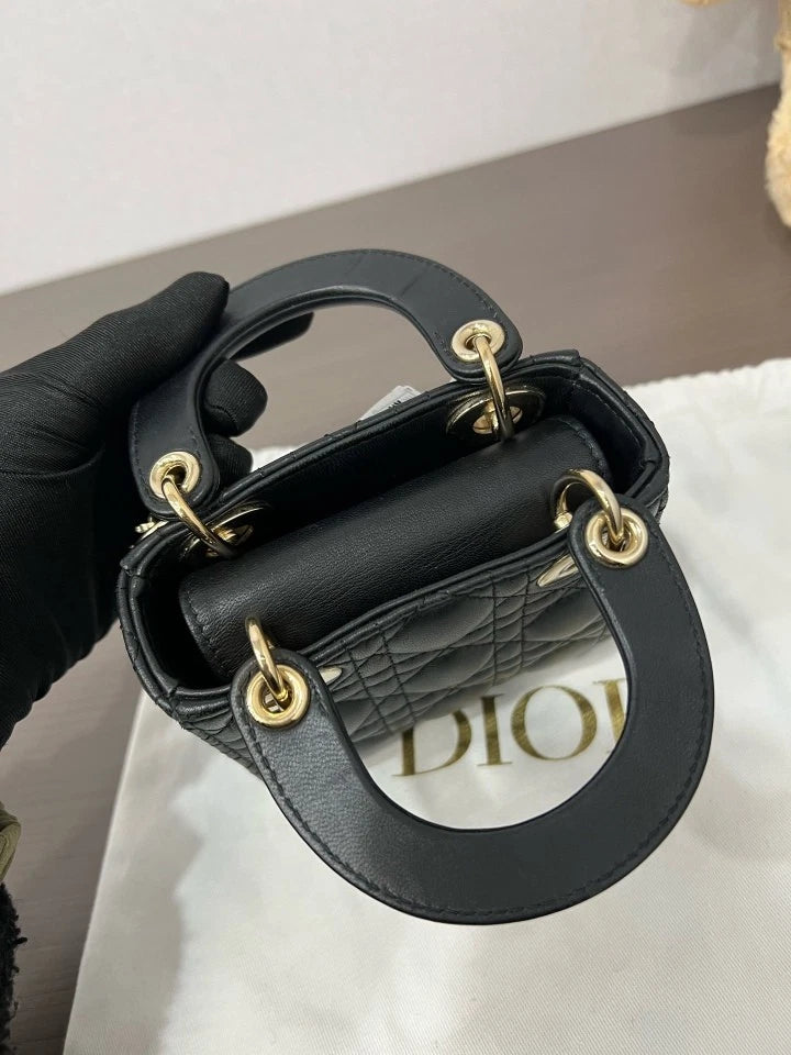 Dior Black Gold Mini Lady Dior Top Handle Bag For Women