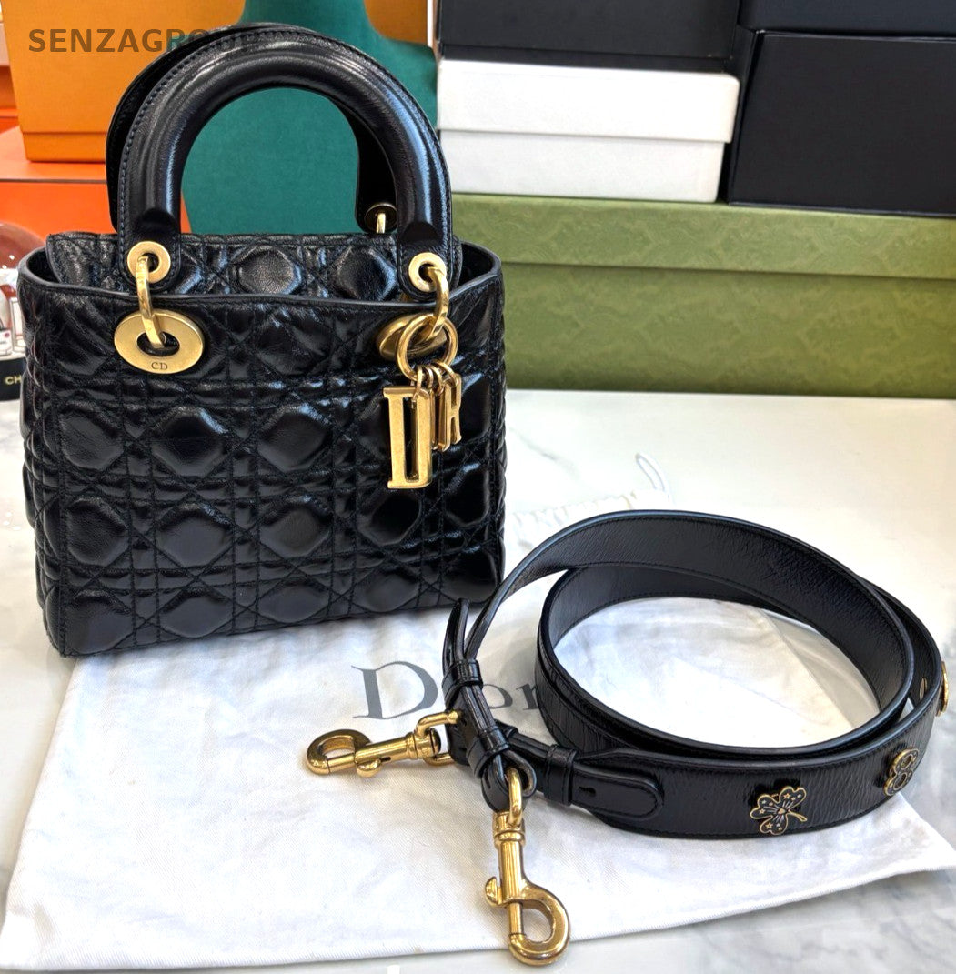 Christian Dior Lady Top Handle 2way Shoulder bag Women Black Gold