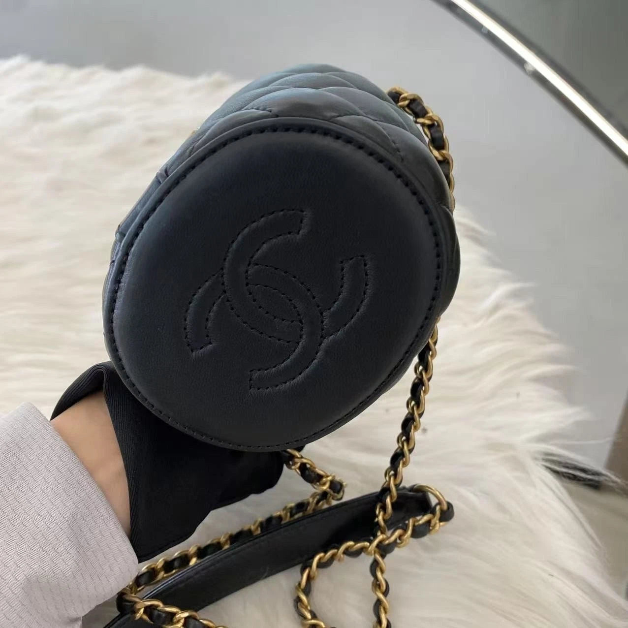 Chanel Classic Black Gold Quilted Cylinder Chain Shoulder Bag