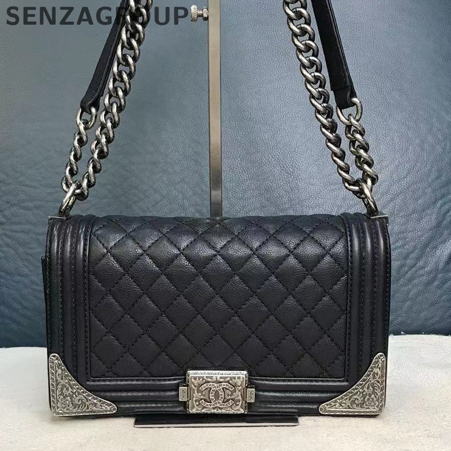 Chanel Medium Calfskin Boy Bag Black Silver Chain Shoulder Bag