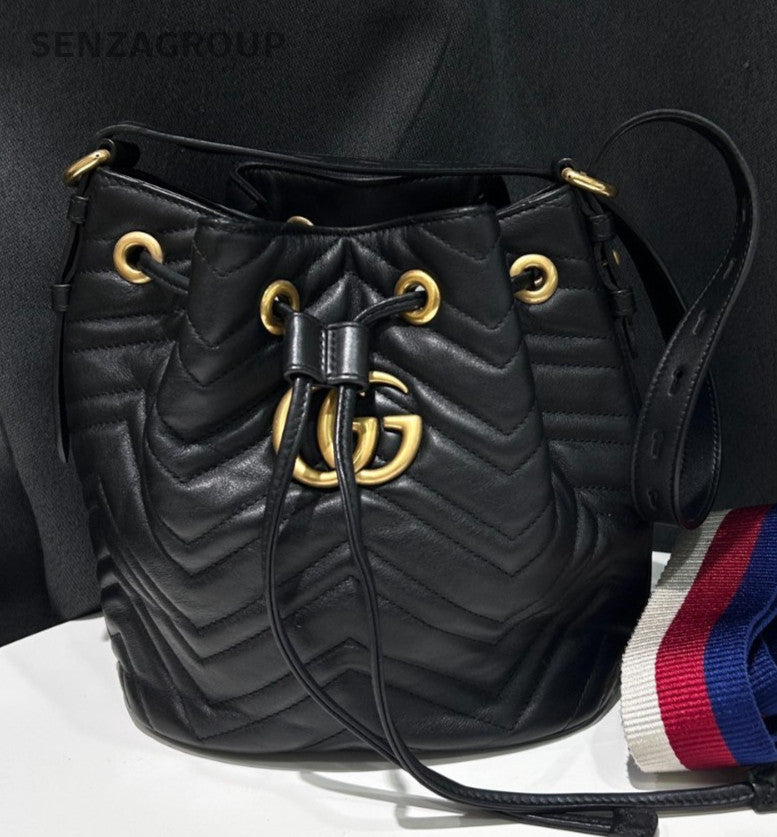 Gucci GG Marmont Bucket Black Gold Crossbody Women Classic Fashion