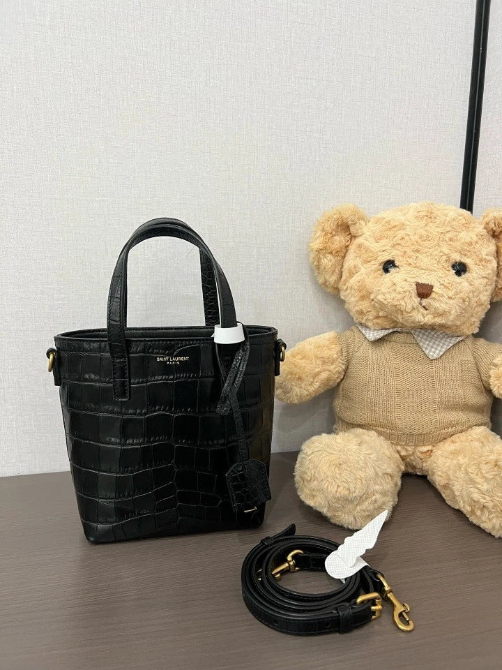 YSL Black Gold Crocodile Embossed Mini Tote Bag For Women