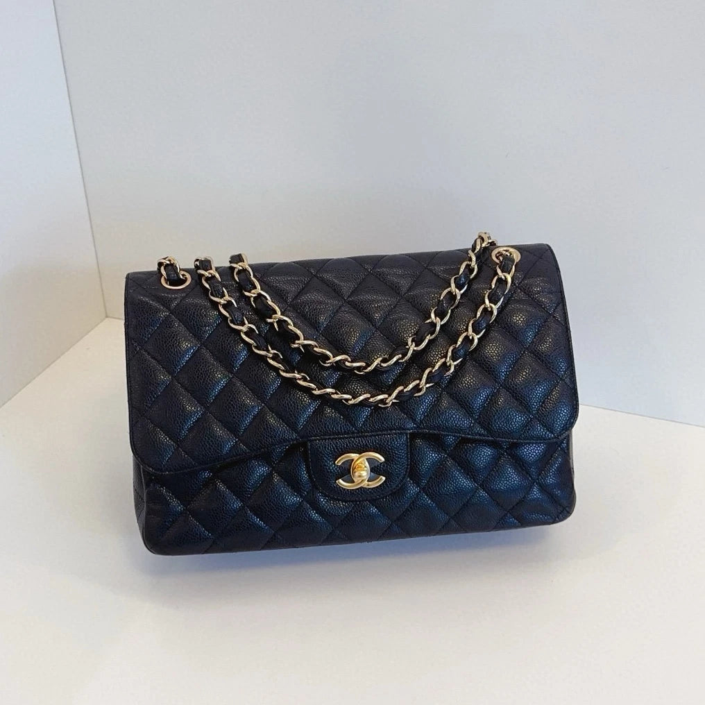 Chanel Classic Flap Jumbo Chain Shoulder Bag Crossbody Black Gold Women Fashion