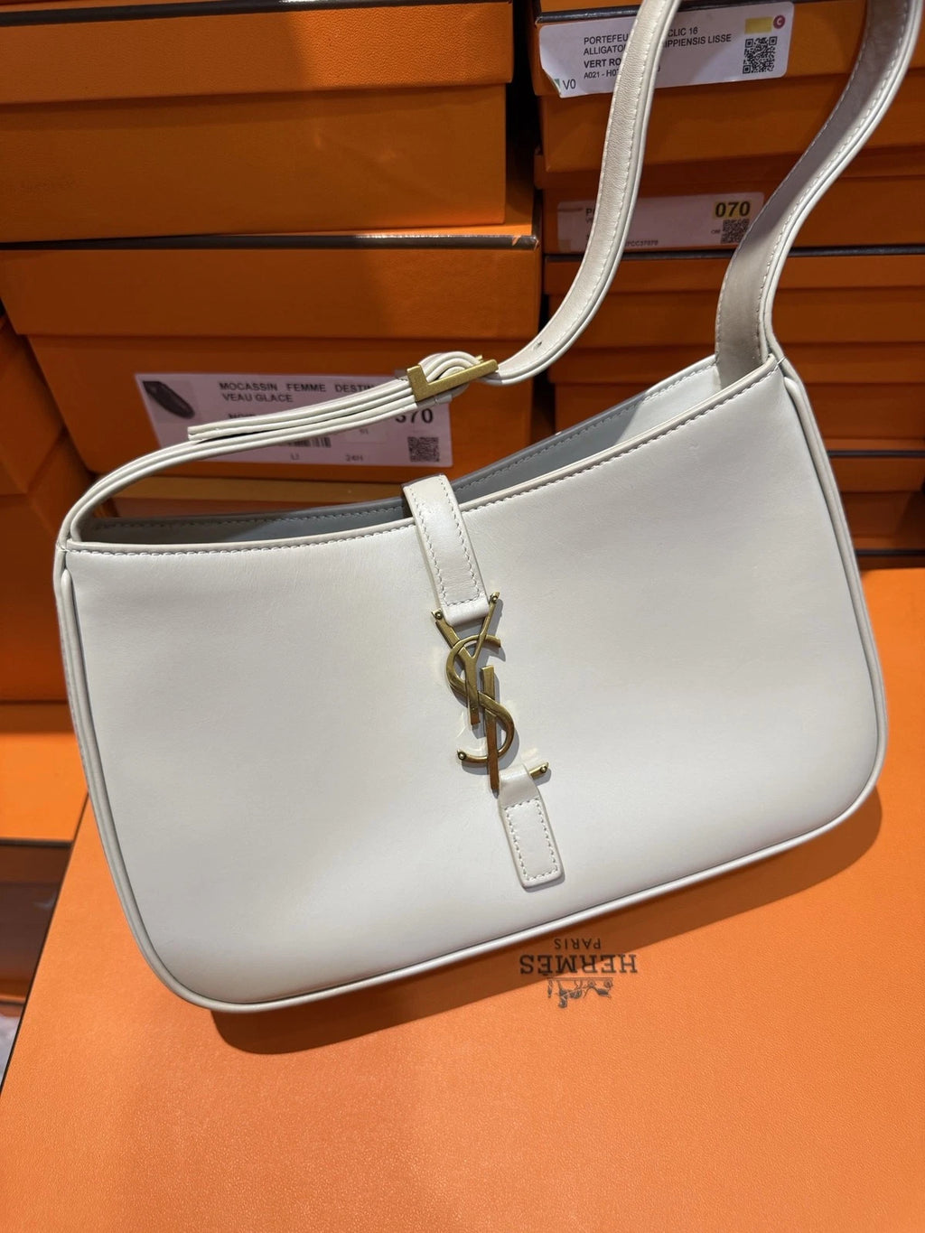 Saint Laurent Hobo MM Shoulder Bag White Gold Hardware Women Classic