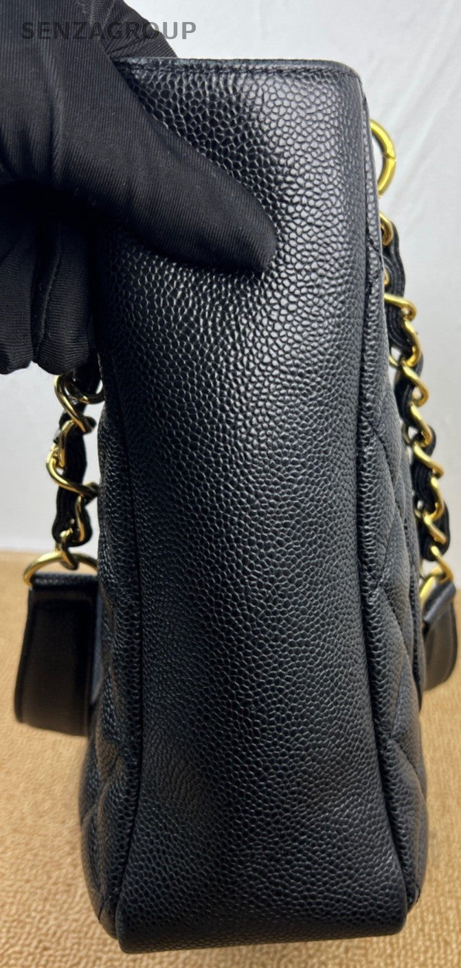 Chanel PST Calfskin Chain Shoulder Bag Black Gold Women Classic