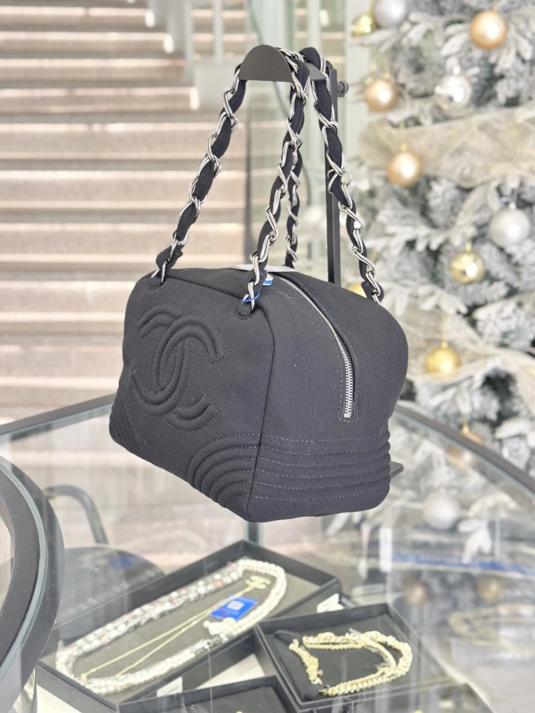 Chanel CC Logo Chain Top Handle Shoulder Bag Black Silver Women Classic S