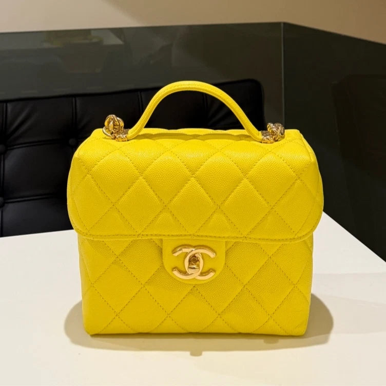 CHANEL Lemon Yellow Box Top Handle Crossbody Bag Diamond Women Classic