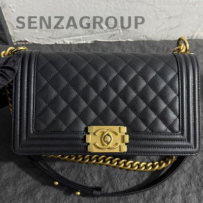 Chanel Le Boy Medium Black Gold Caviar Quilted Chain Shoulder Bag