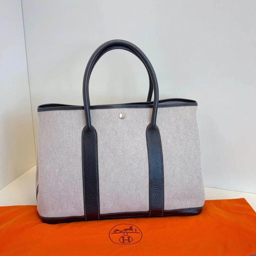 Hermes Garden Party 36 Tote Top Handle Bag White Black Women Classic