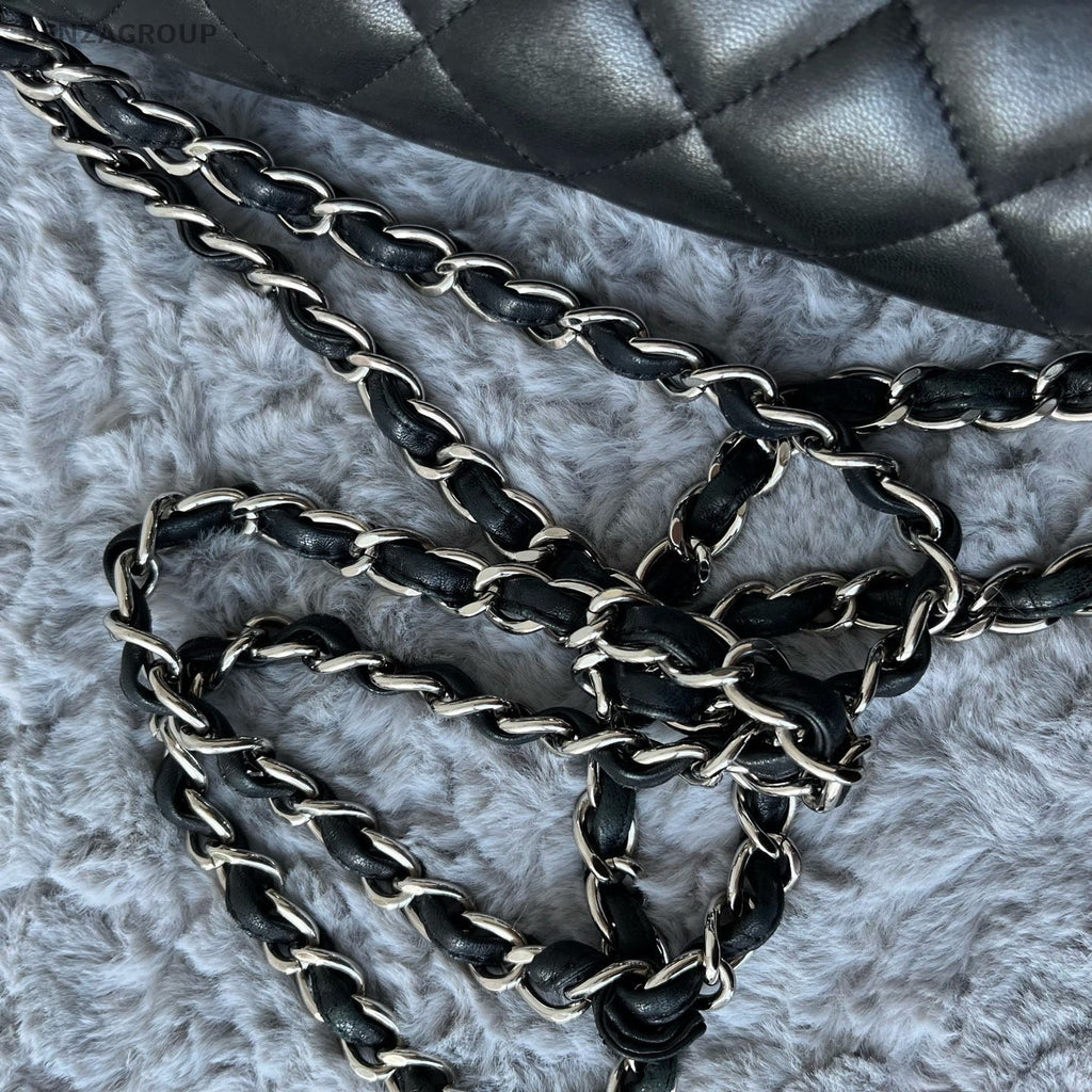 Chanel Classic Flap Jumbo Lambskin Chain Shoulder Bag Black Silver Women Fashion