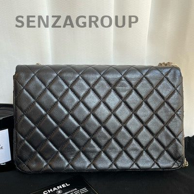 Chanel Classic Flap Quilted Pearl Chain Shoulder Bag Black Gold Hardware