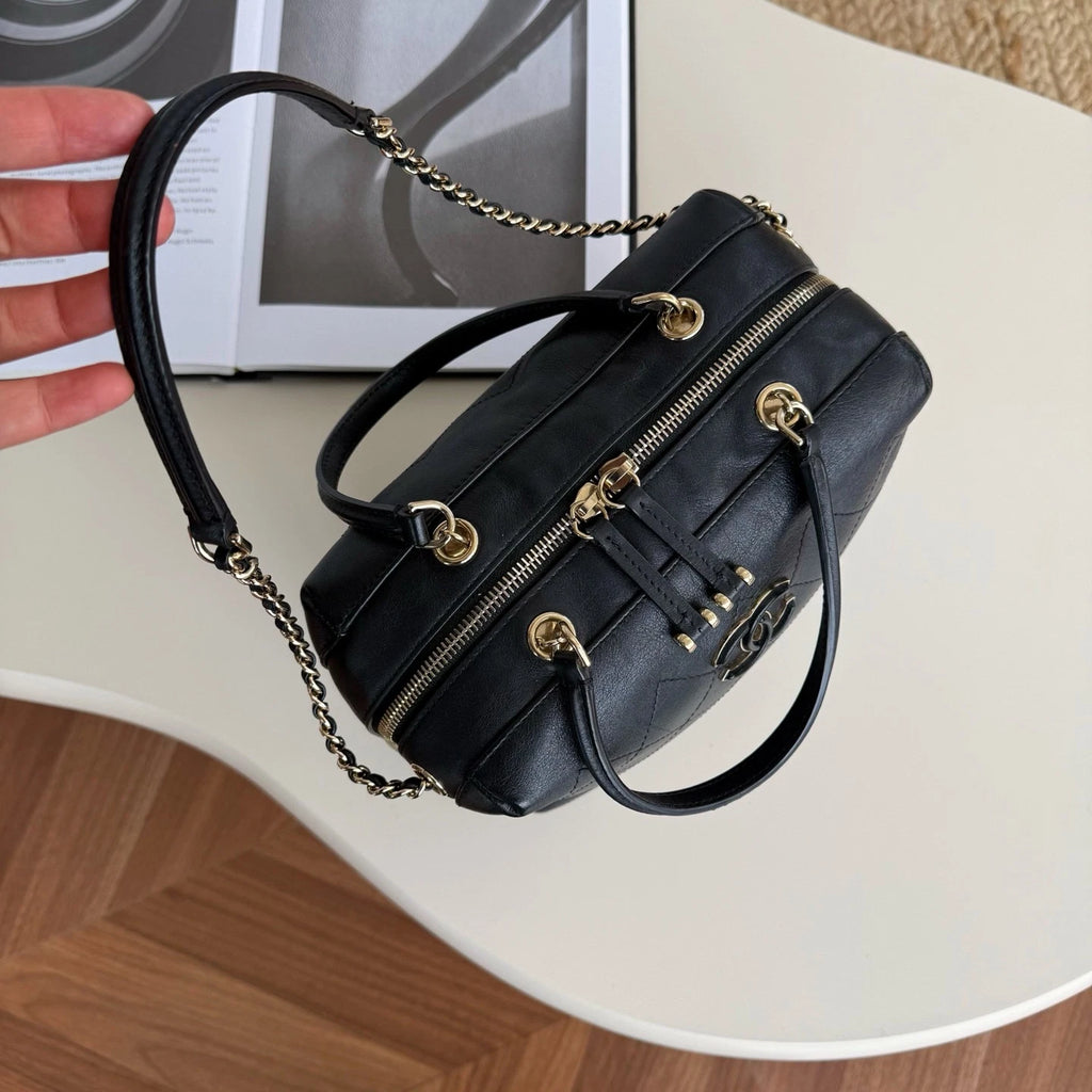 Chanel Bowling Calfskin Top Handle Chain Crossbody Black Gold Classic Women