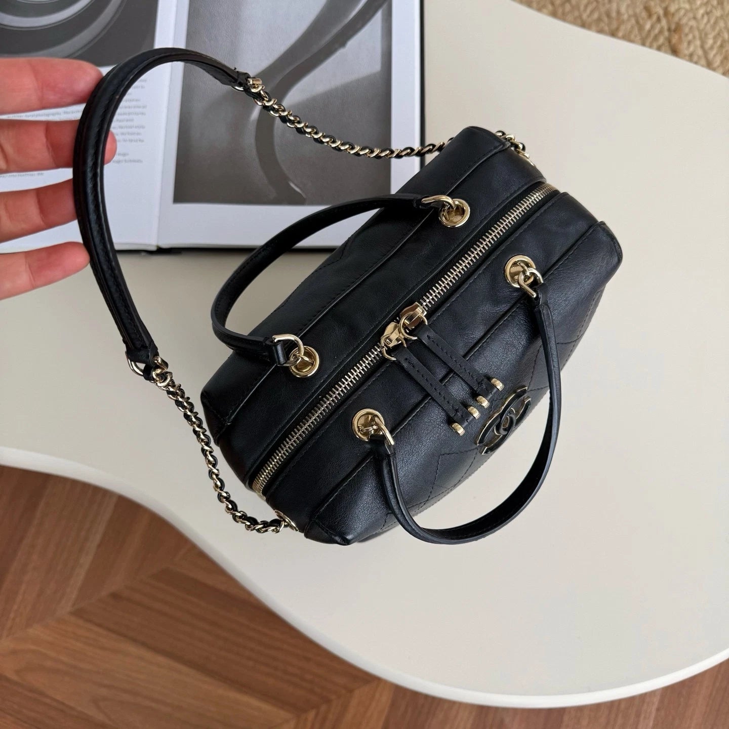 Chanel Bowling Calfskin Top Handle Chain Crossbody Black Gold Classic Women