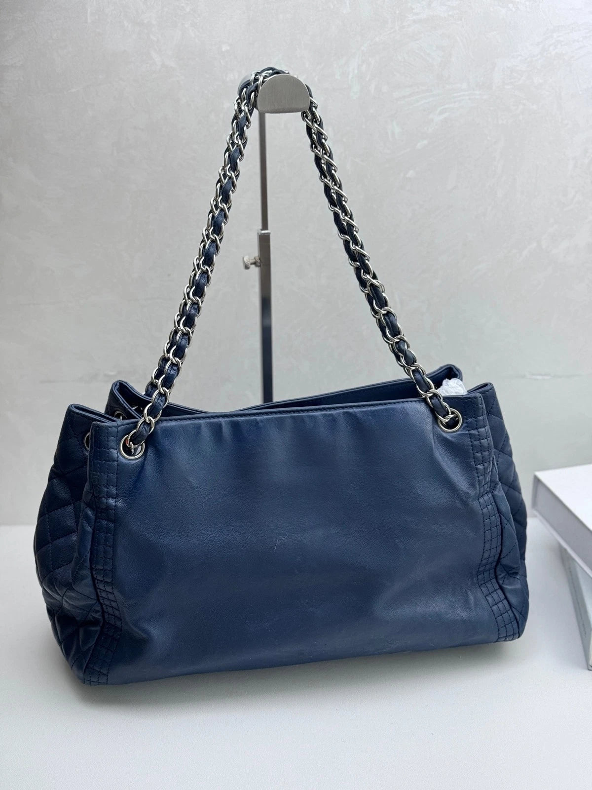 Authentic Chanel CC Logo Silver Chain Blue Tote Shoulder Bag