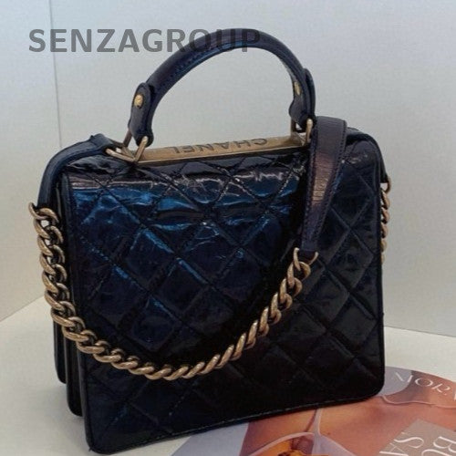Chanel Quilted Leather Top Handle Shoulder Crossbody Bag Black Gold Women