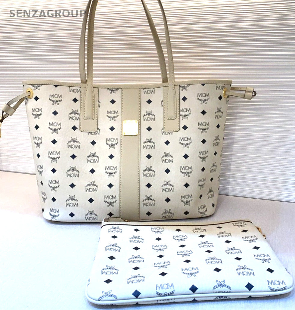 MCM Beige white Classic logo tote Shoulder bag