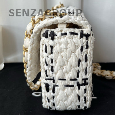 Chanel CF Black White Raffia Chain Shoulder Crossbody Bag Women