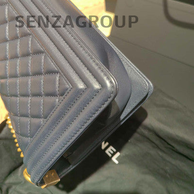 Chanel Le Boy Navy Blue Medium Quilted Chain Shoulder Bag Gold Hardware
