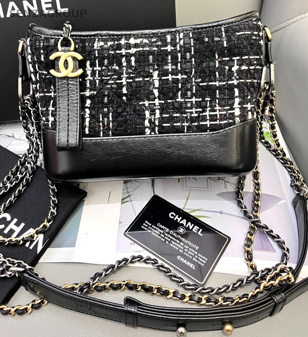 CHANEL Gabrielle PM wool fabric Chain Shoulder bag Crossbody Women Black White