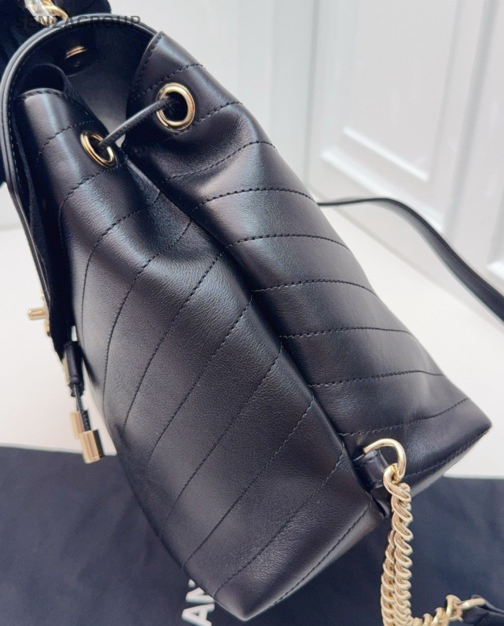 Chanel Calfskin Vintage Backpack Black Gold Used Women Classic Designer