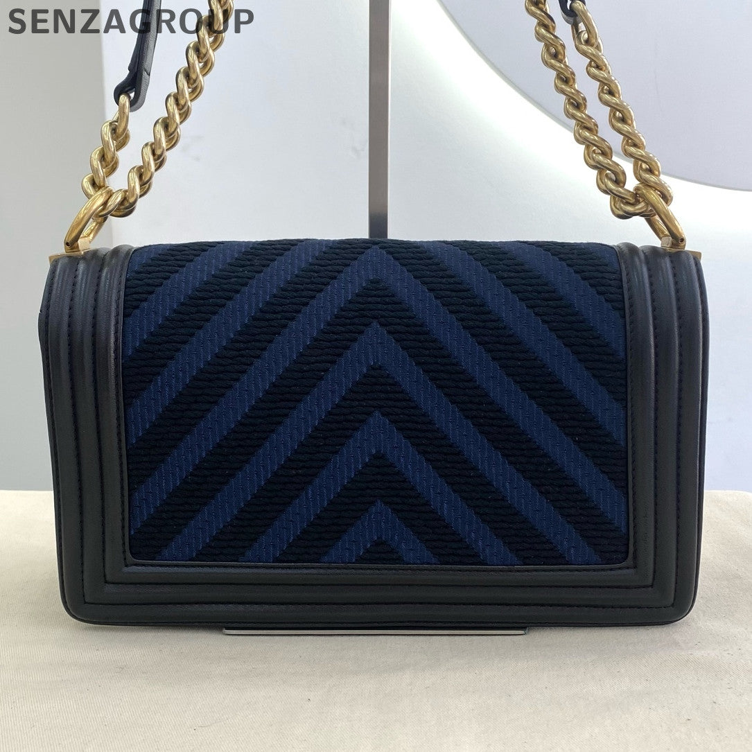 Chanel Medium Boy Bag Chevron Blue Gold Chain Shoulder Crossbody