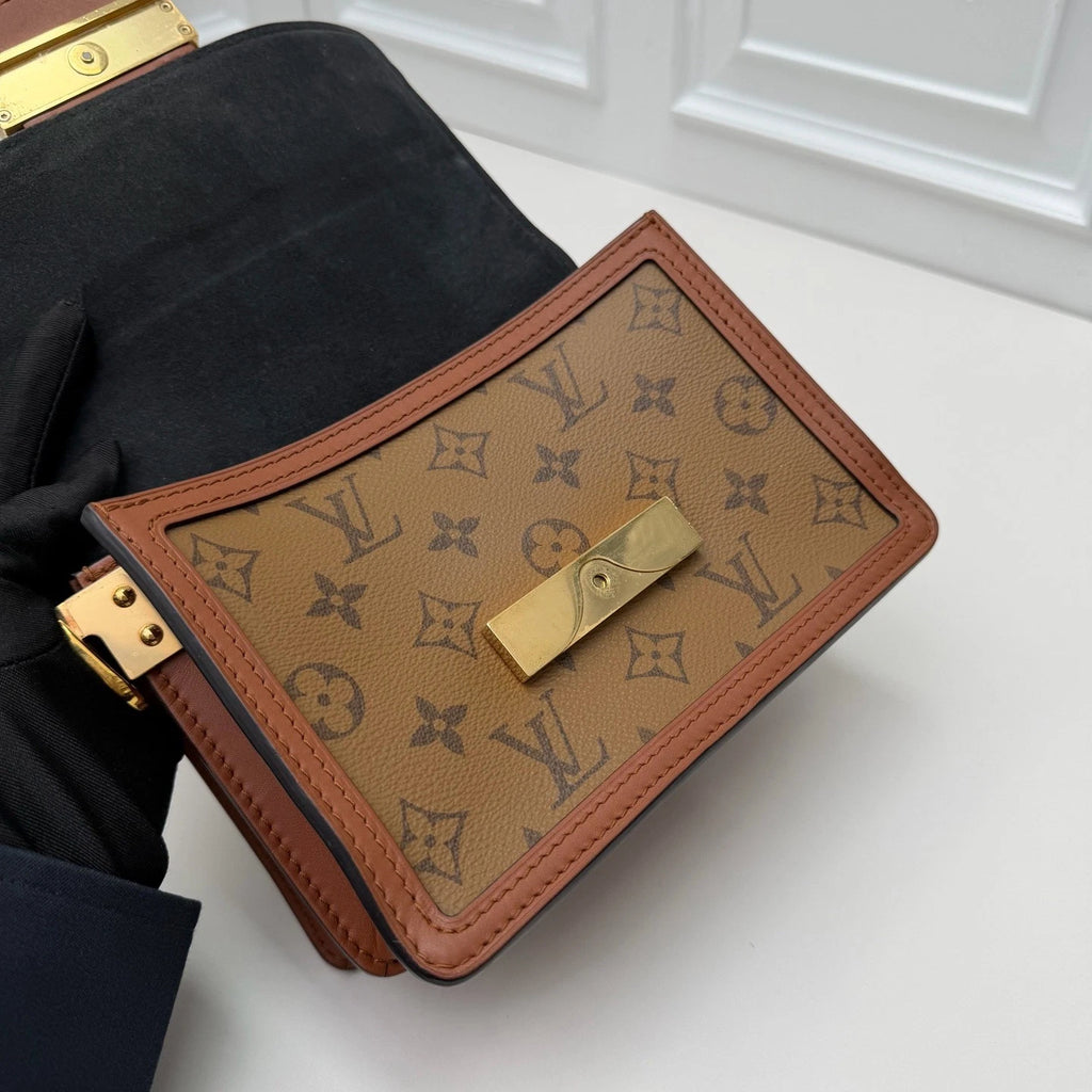 Louis Vuitton Dauphine PM Shoulder Bag Crossbody Brown Gold Excellent