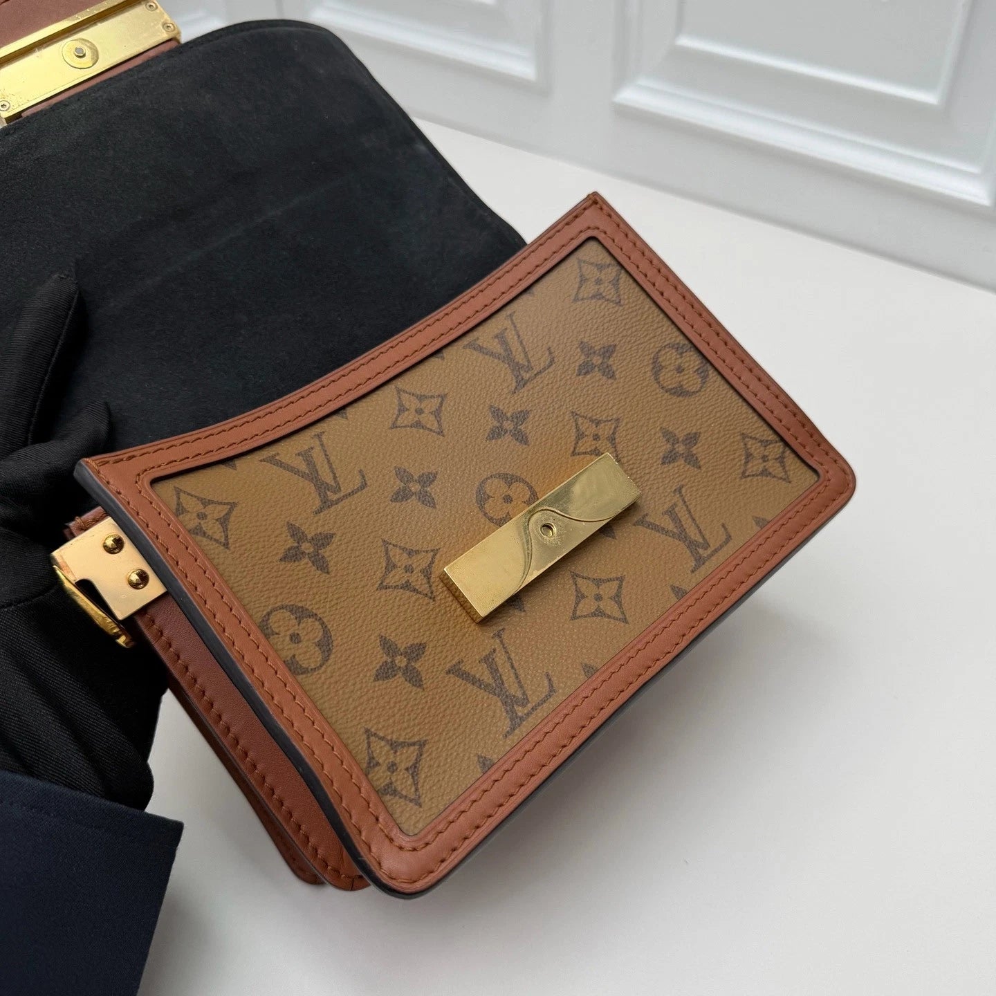 Louis Vuitton Dauphine PM Shoulder Bag Crossbody Brown Gold Excellent