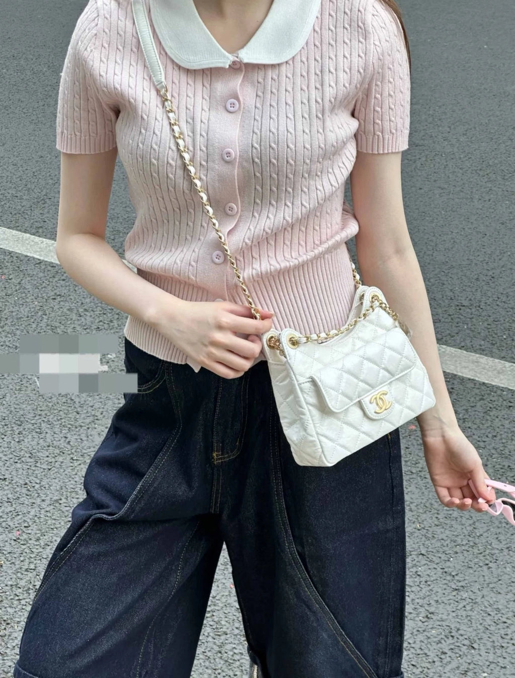 CHANEL White Waxed Leather Small Hobo Shoulder Bag For Women