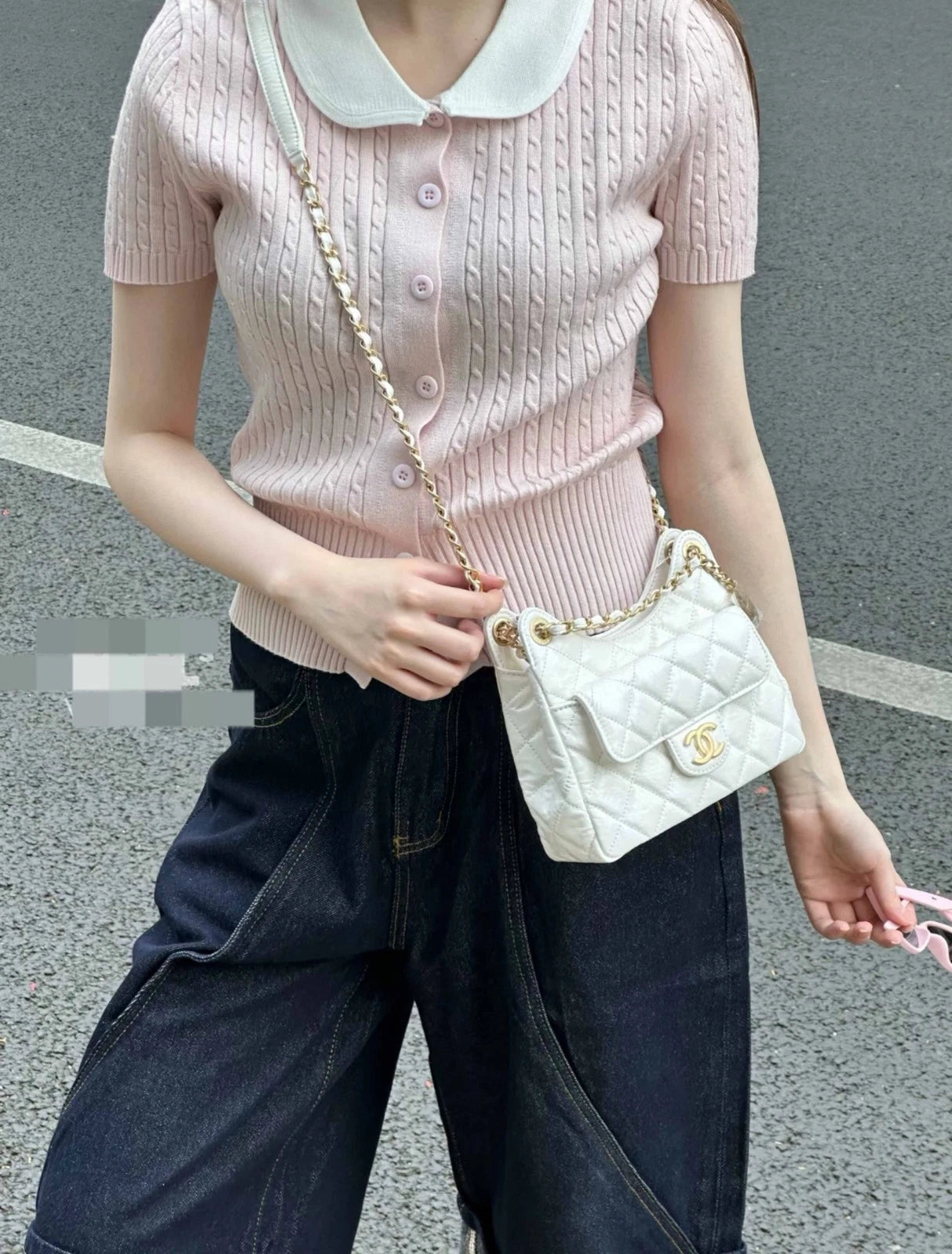 CHANEL White Waxed Leather Small Hobo Shoulder Bag For Women