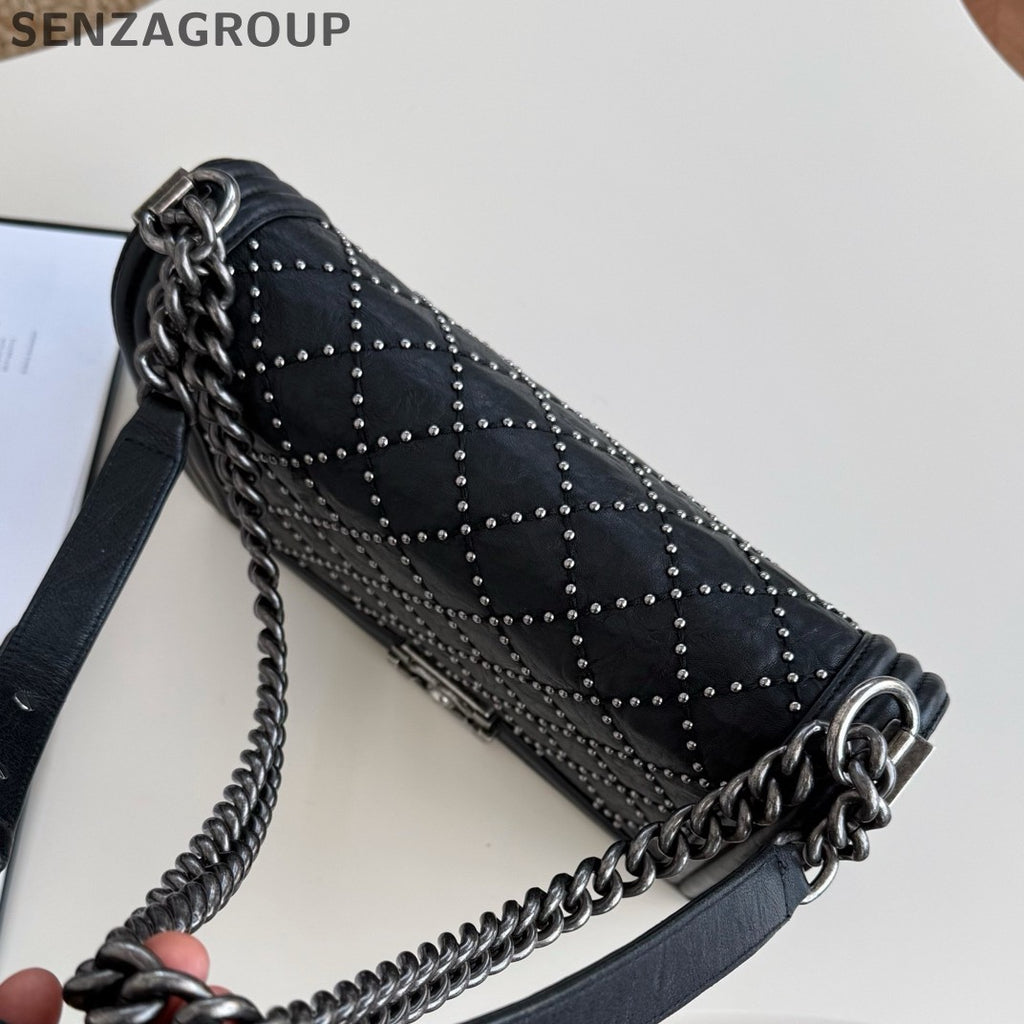 Chanel Leboy MM Chain Shoulder Crossbody Black Silver Diamond Women Classic