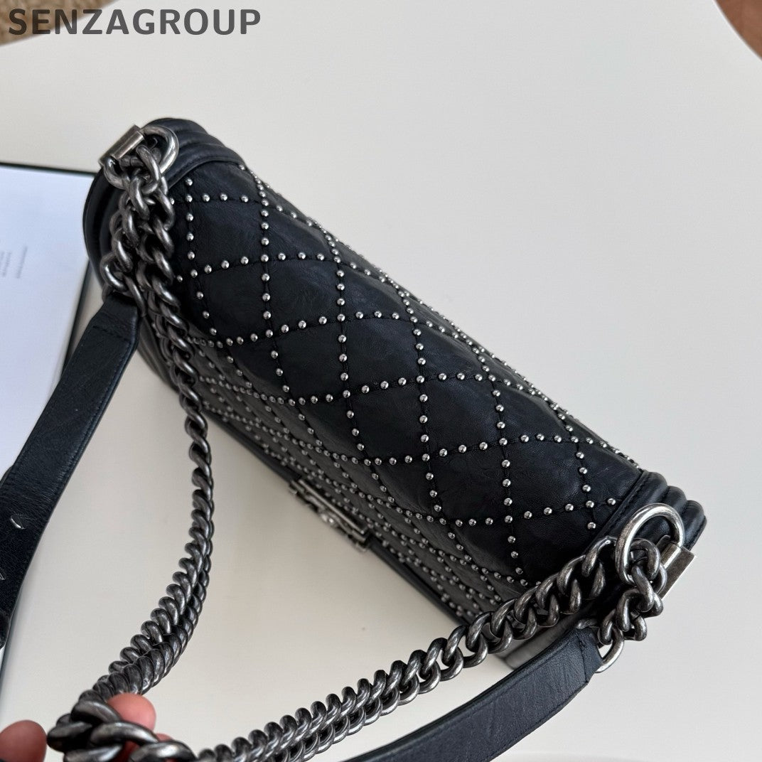 Chanel Leboy MM Chain Shoulder Crossbody Black Silver Diamond Women Classic
