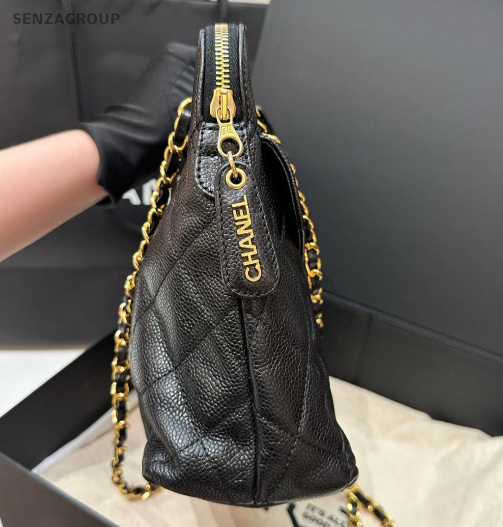 Chanel Diamond Chain Shoulder Bag Black Gold Women Classic Vintage