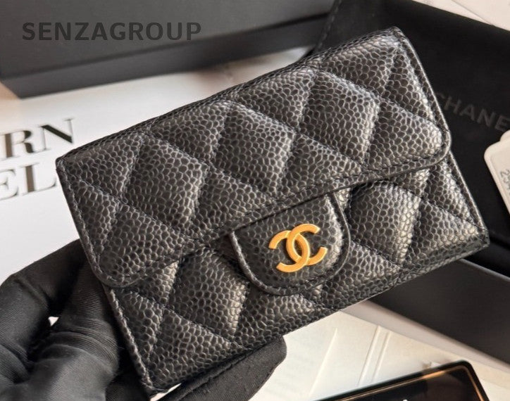 CHANEL Classic Flap Black gold litchi cowhide card case Coin purse women