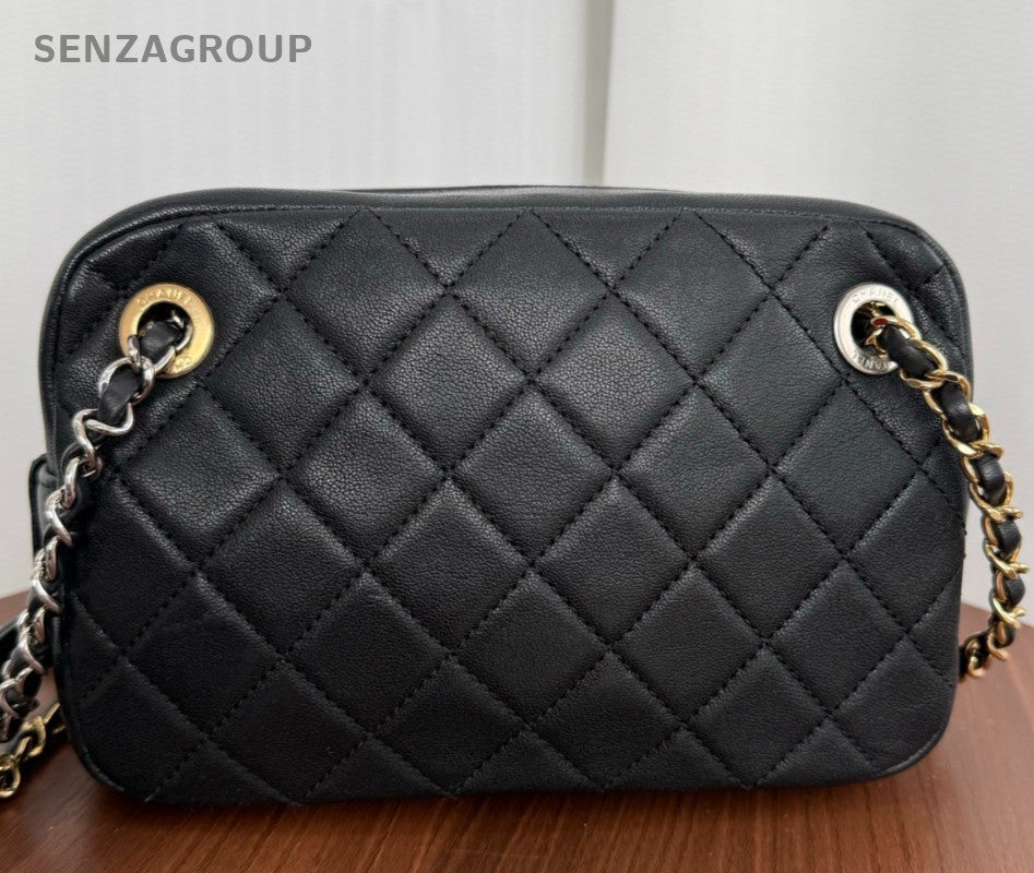 Chanel Diamond PM Calfskin Camera Chain Shoulder Bag Black Gold Women Classic