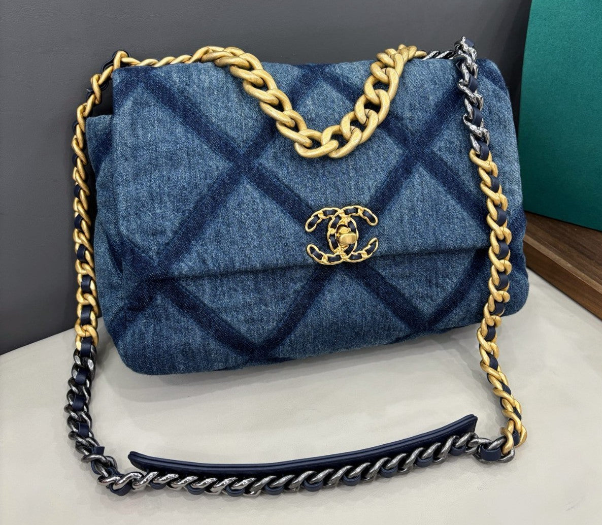 Chanel 19Bag MM Denim Chain Shoulder Bag Crossbody Blue Gold Women Classic