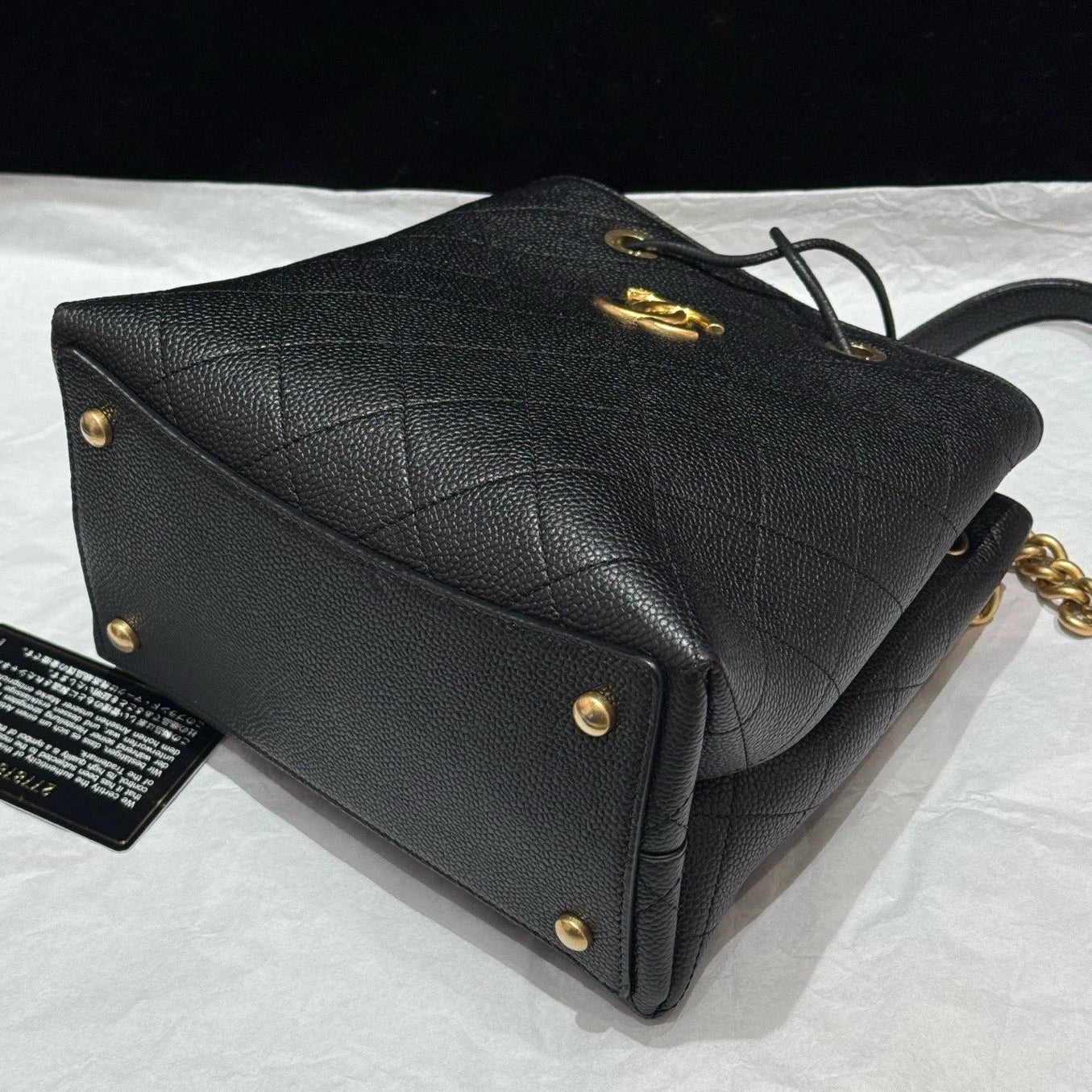 Chanel Diamond Drawstring Bucket Chain Shoulder Crossbody Black Gold Women