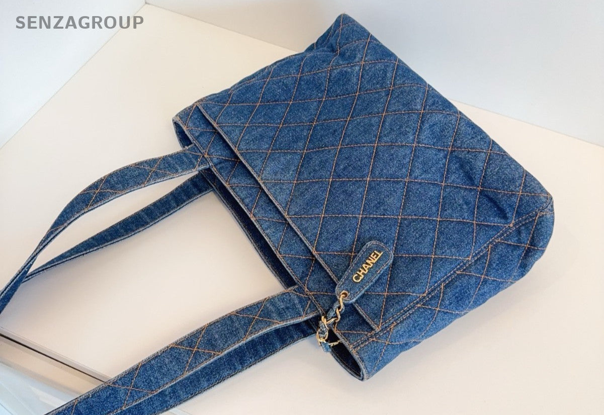 CHANEL Vintage Tote Denim Diamond Pattern Shoulder bag Blue Limited Edition