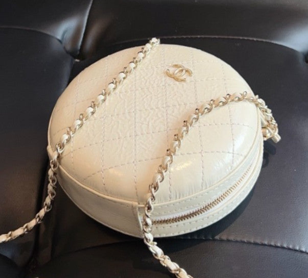 Chanel Calfskin Round Bag Chain Shoulder Bag Crossbody White Gold Women Classic