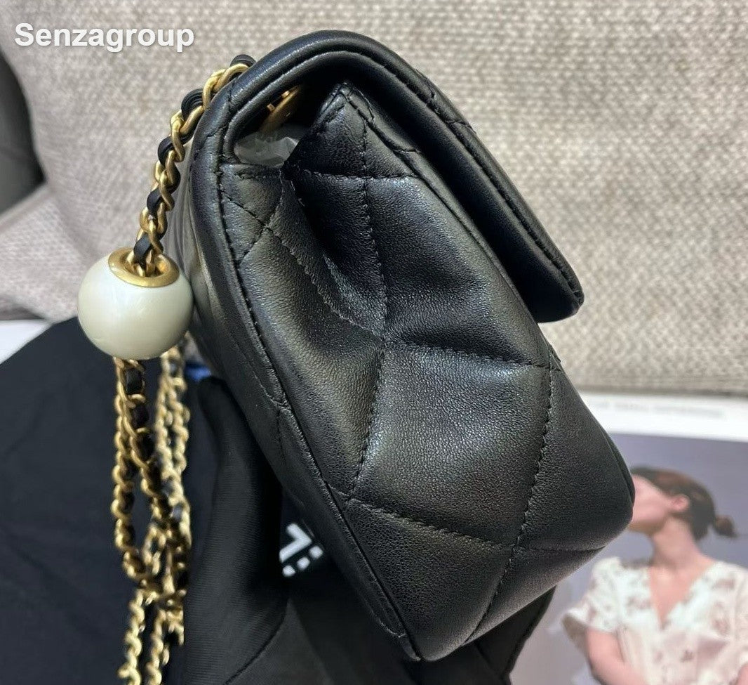 Chanel Classic Flap Lambskin Mini Chain Shoulder Bag Black Gold Diamond Women