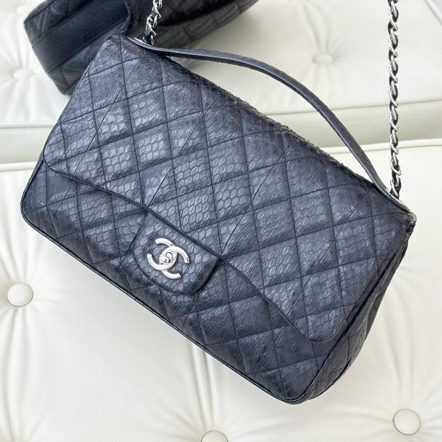 Chanel Classic Flap Jumbo Chain Crossbody Top Handle Bag Black Silver Women
