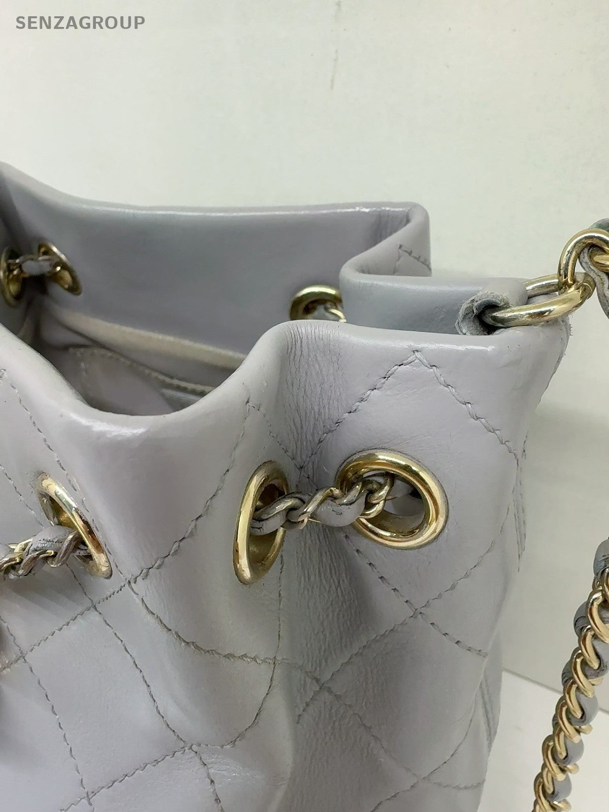CHANEL Bucket Drawstring Calfskin Chain Shoulder bag Crossbody Gray Gold Women