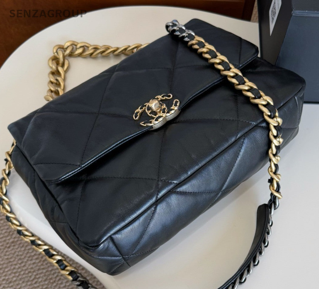 Chanel 19Bag MM Chain Shoulder Bag Crossbody Black Gold Women Classic Fashion