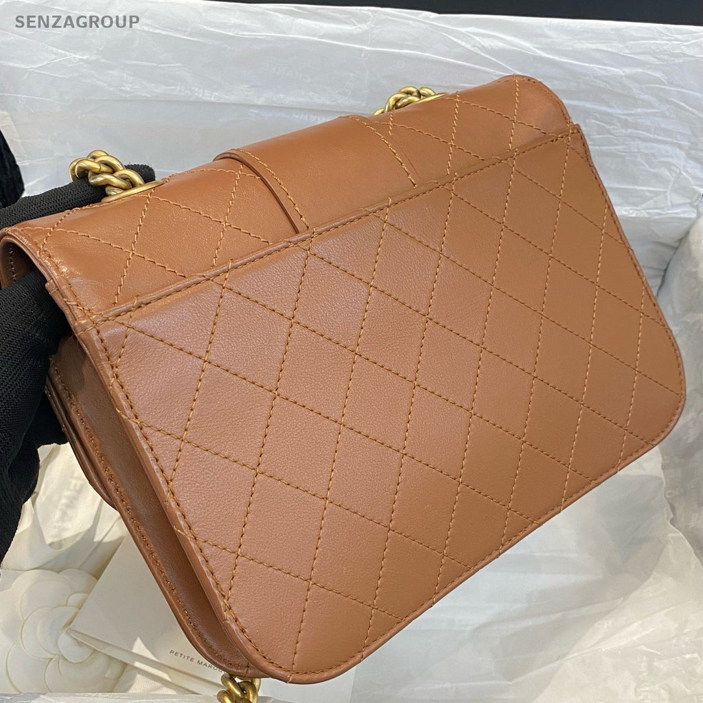 Chanel Bombay MM Calfskin Chain Shoulder Bag Crossbody Brown Gold Women Classic