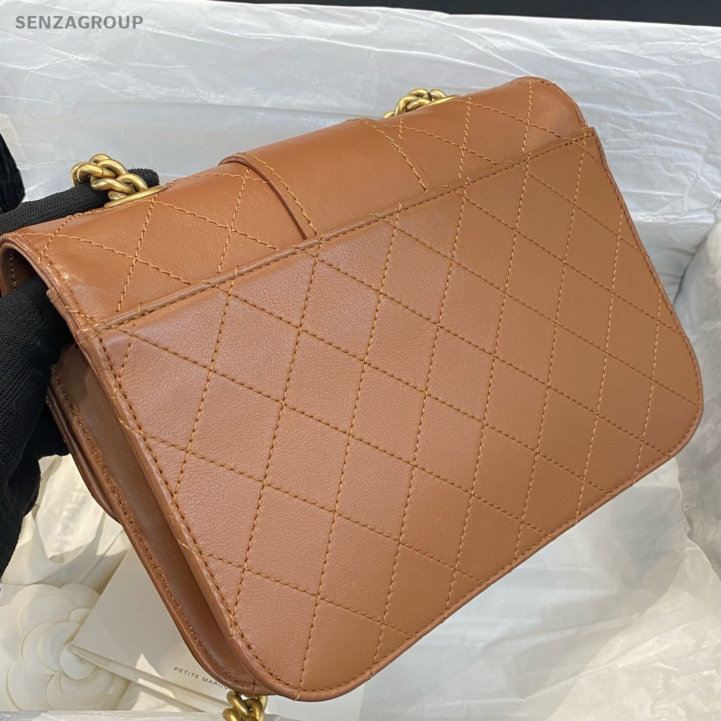 Chanel Bombay MM Calfskin Chain Shoulder Bag Crossbody Brown Gold Women Classic
