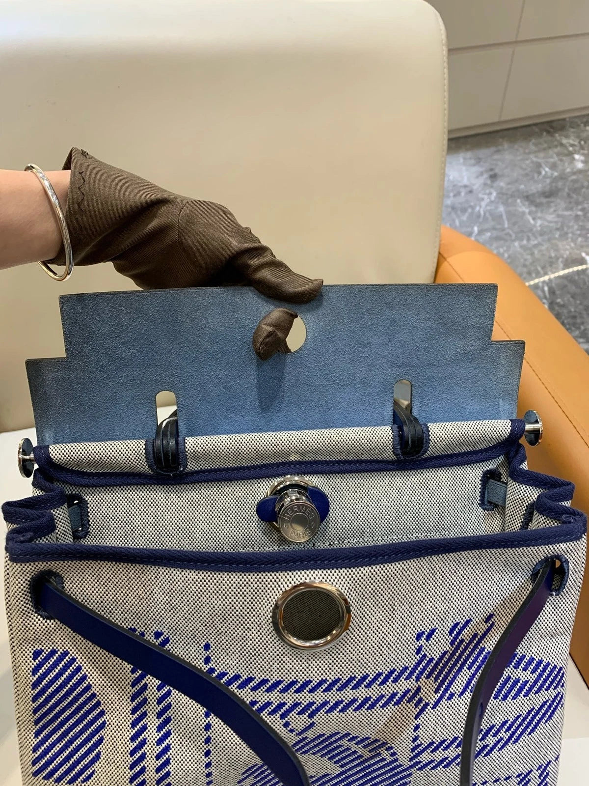 Hermes Herbag31 Canvas Tote Bag For Women Ink Blue Silver