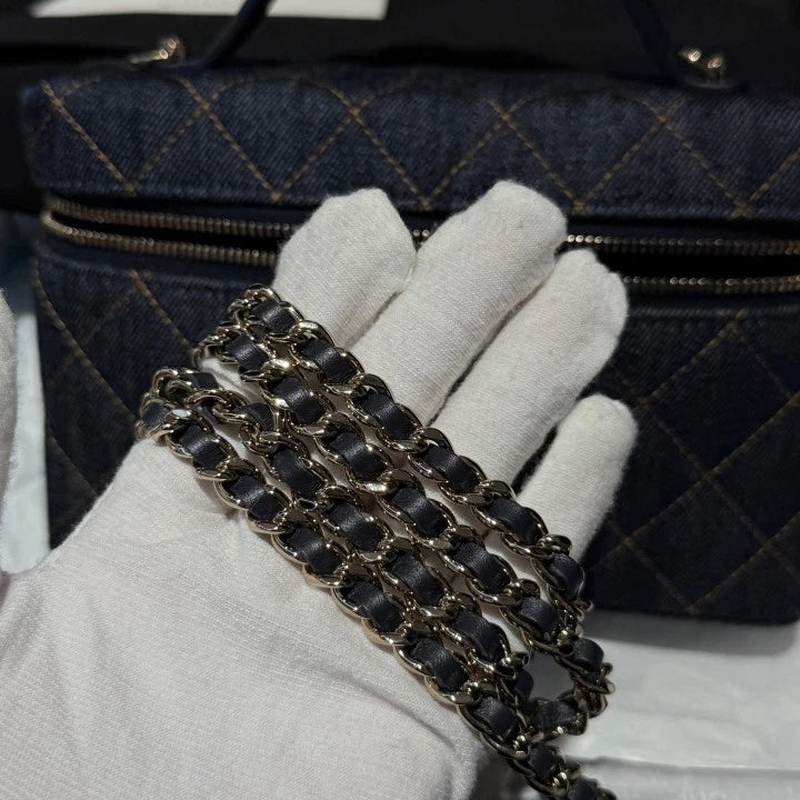 Chanel Denim Vanity Case Dark Blue Top Handle Shoulder Crossbody Bag Women D