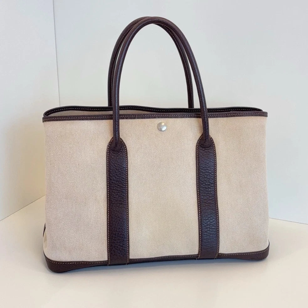 Hermes Garden Party 36 Canvas Tote Top Handle Bag Beige Black Women Classic