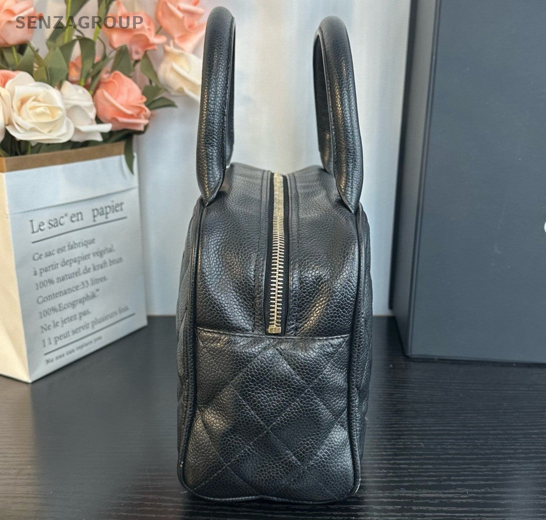 Chanel Bolide PM CC Logo Top Handle Bag Black Gold Used Women Classic Diamond