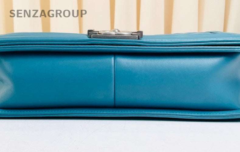 Chanel Leboy Calfskin Vintage Chain Shoulder Bag Blue Silver Women Classic